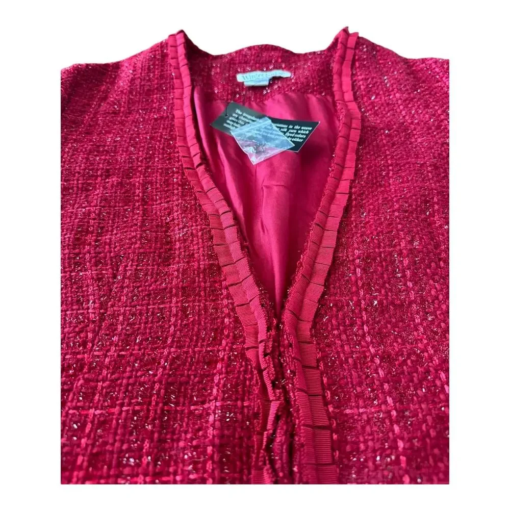 NWT WinterSilks red silk Multi Woven tweed collarless blazer coat size XL
